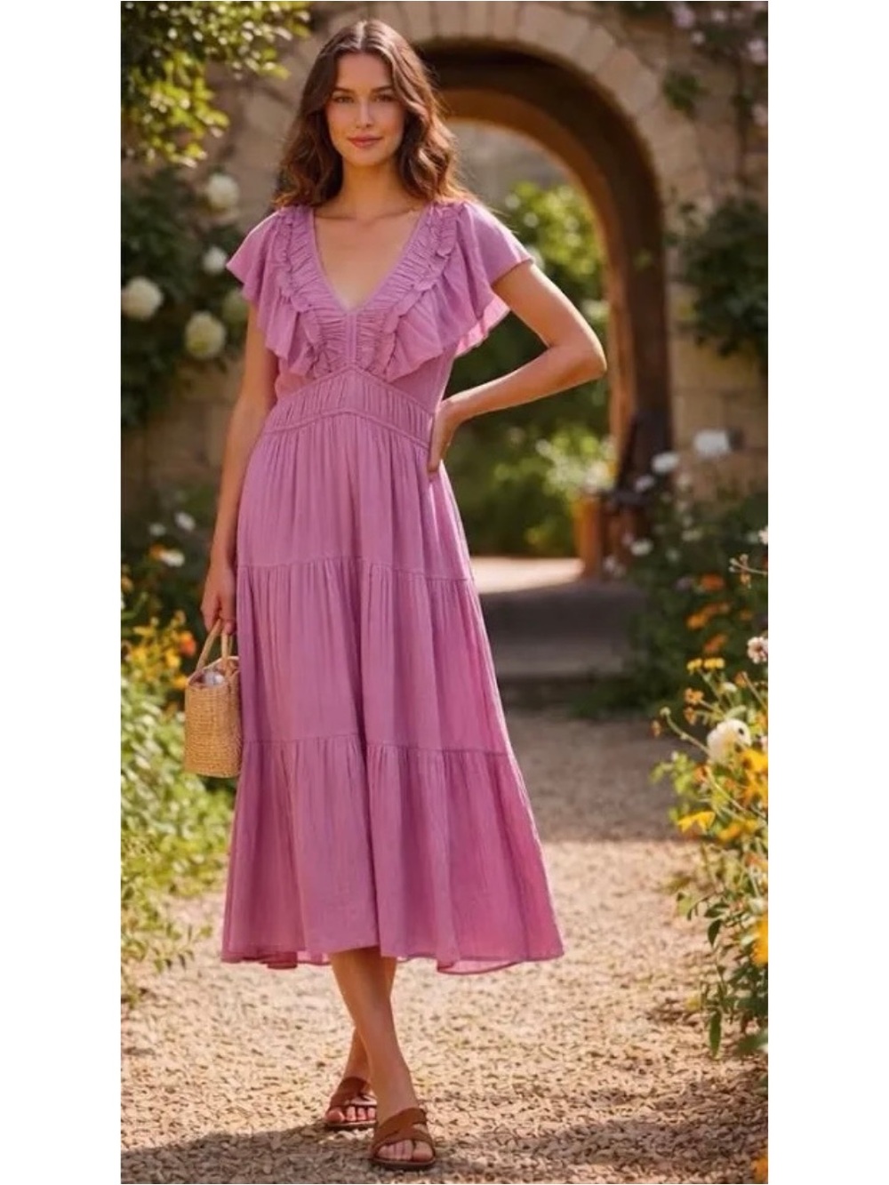 NEW Joie Orchid Ruffle V-Neck Tiered Midi Dress $128